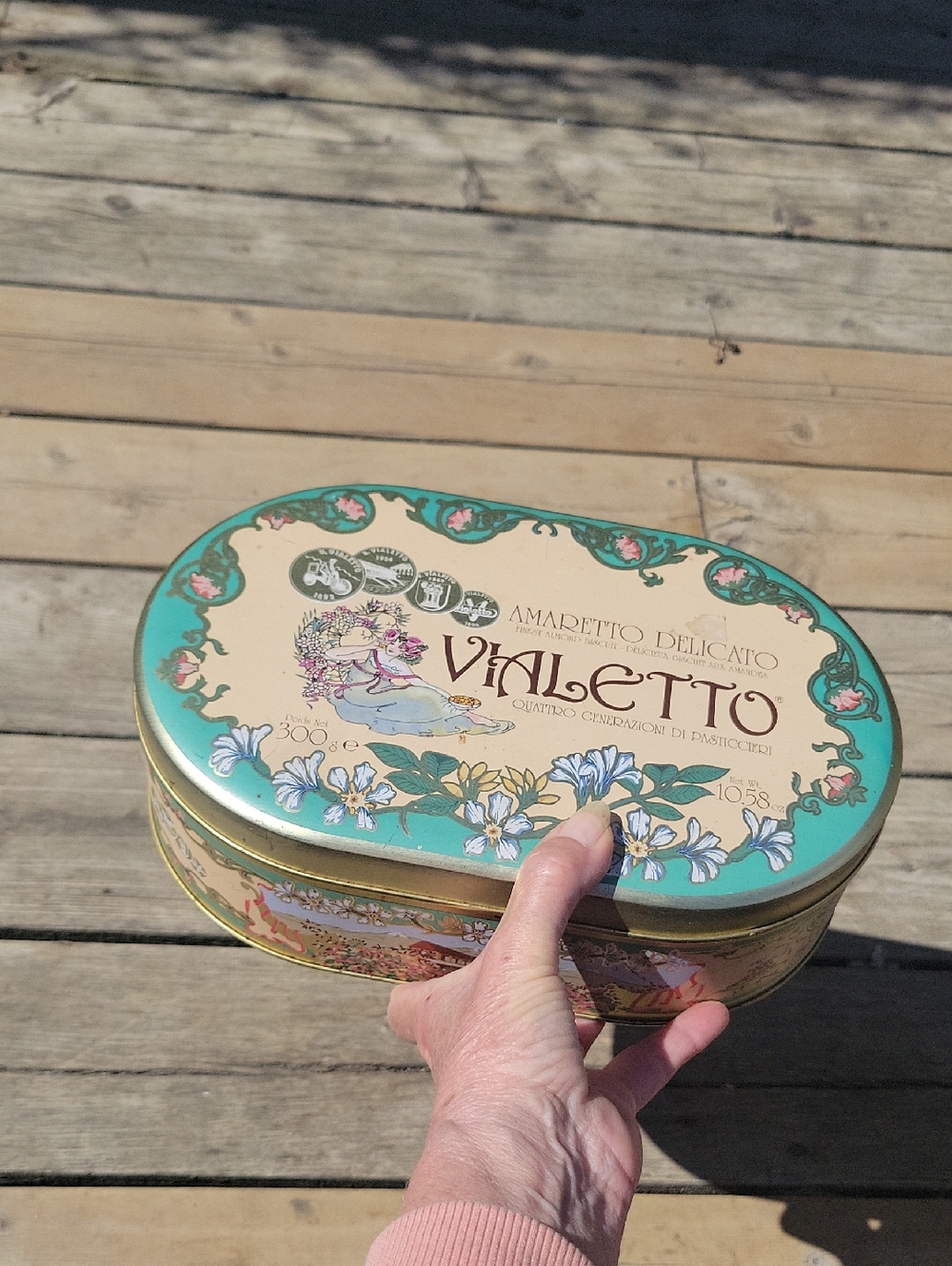Vialetto Decorative Amaretto Biscotti Tin - Teal & Cream